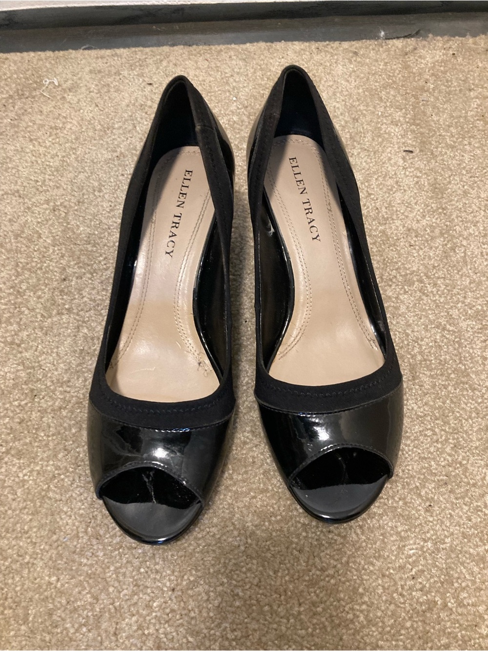 Ellen Tracy Black Patent Peep-Toe Heels